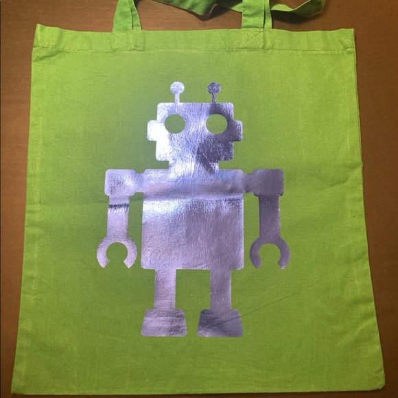 15x16in green robot canvas tote bag. - Picture 3 of 3